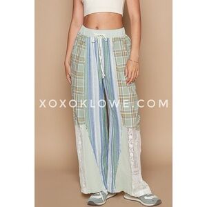 POL Blue Green Patchwork Pants | Striped Plaid Lace Wide Leg Cotton